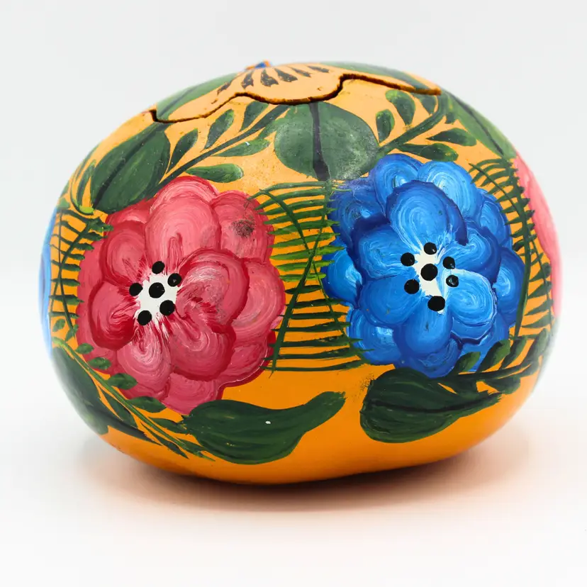 Vintage Mexican Hand Painted Gourd Trinket Box Floral Folk Art Calabash Decor