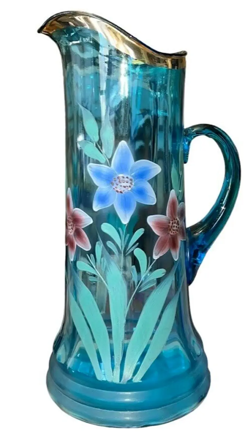 Antique c.1900 Blue Northwood Hand Painted Flowers w/ Gold Rim Lemonade Pitcher