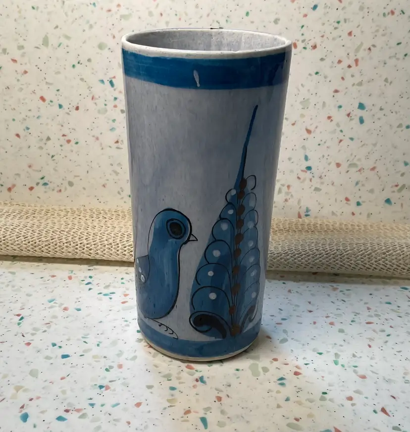 #01 Tonala vase blue with bird 6” tall and 3” across mouth