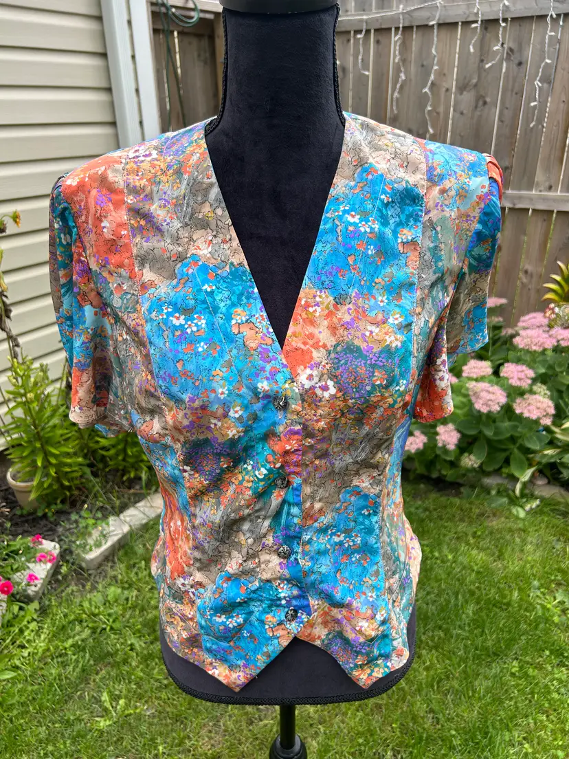 Vintage Of Oscar Fashion Design Multi Color Flower Flutter Sleeve Blouse Medium