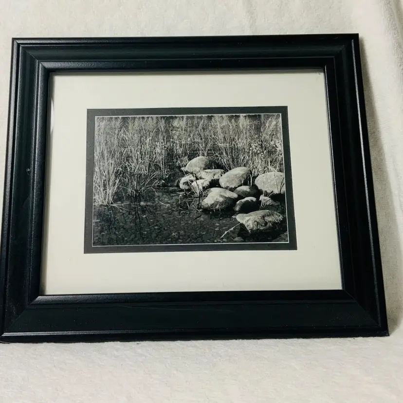 Vintage Black And White Photograph Of Shallow Creek Bed Matted And Framed