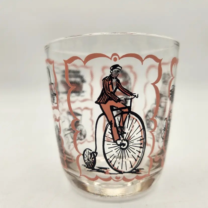 Vintage MCM Low Ball  Glass Early Transportation Scenes Pink Black Barware