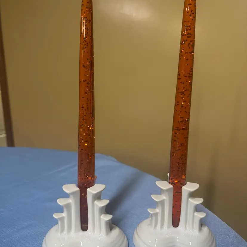 Lucite taper candles Orange with gold flecks 11.5” tall Hugh Pryor