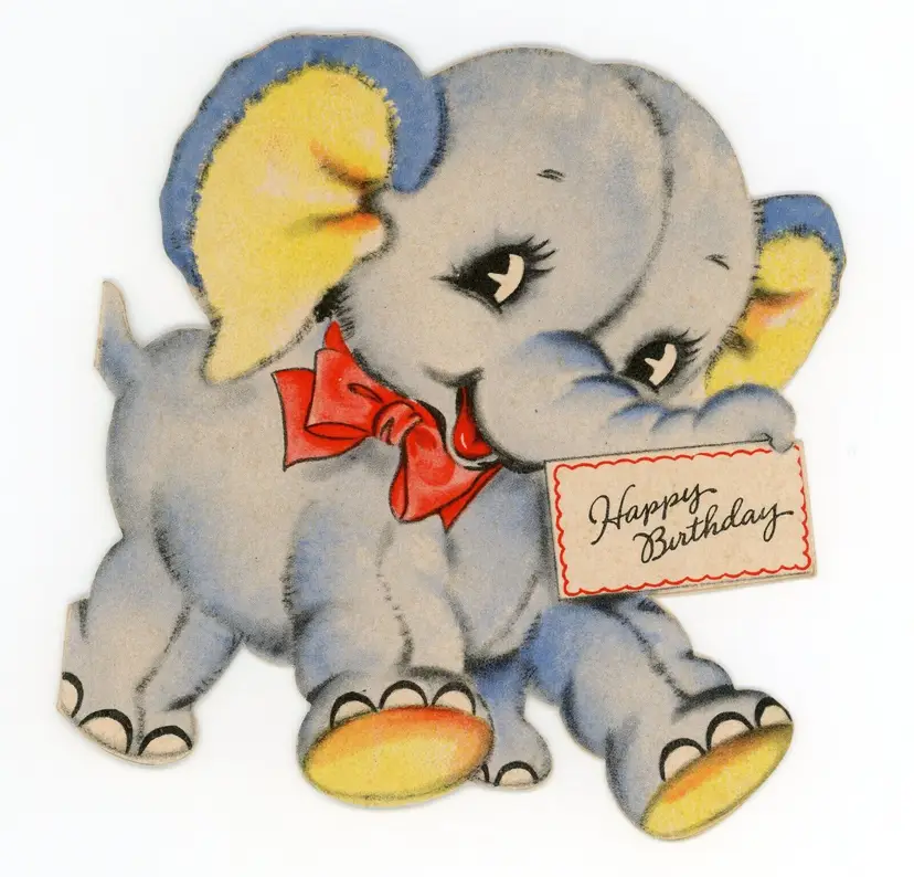 Greeting Card Hallmark Vintage Elephant Happy Birthday Diecut Card - Junk Journaling Kitsch