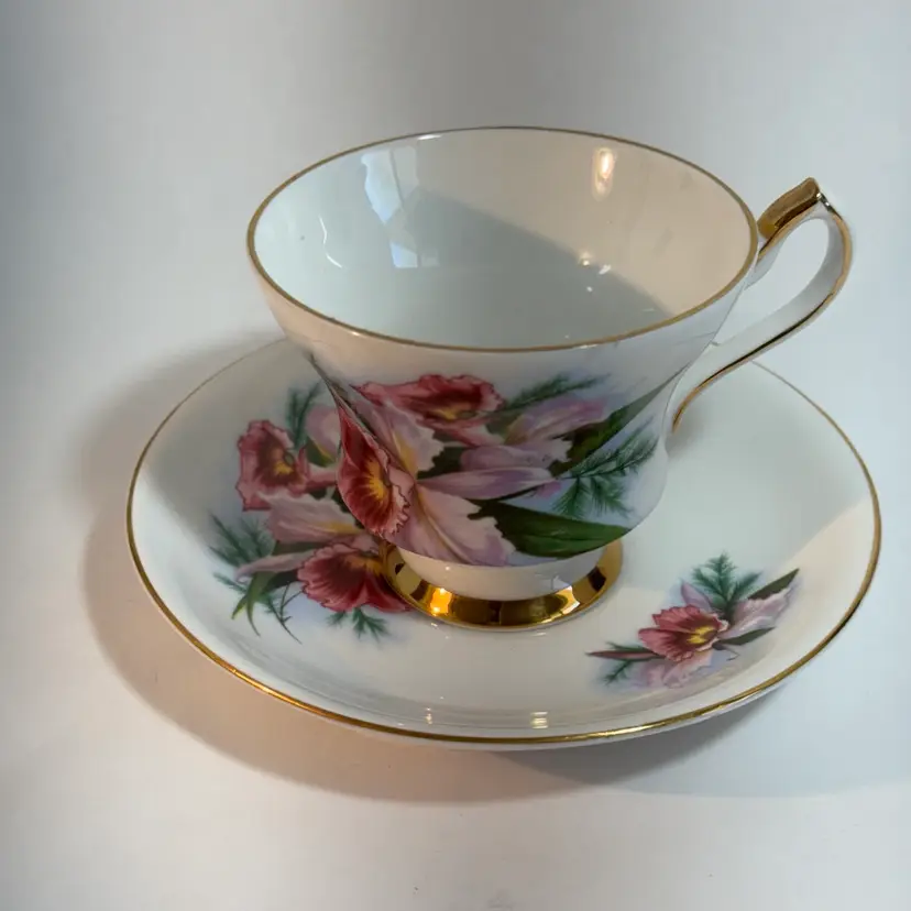 Royal London Tea Cup & Saucer Bone China Orchids, England Numbered X1966/84