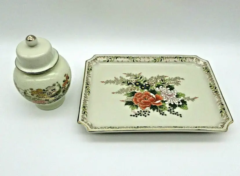 Vintage Japanese Ginger Jar and Tray Set Oriental Asian Decor Floral Crazing