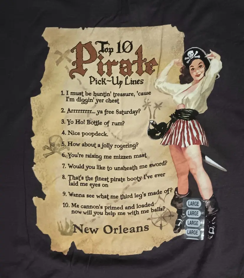 Pirates New Orlean t-shirt Pin-up Girl Top 10 Pick Up Lines Bourbon Mardi Gras