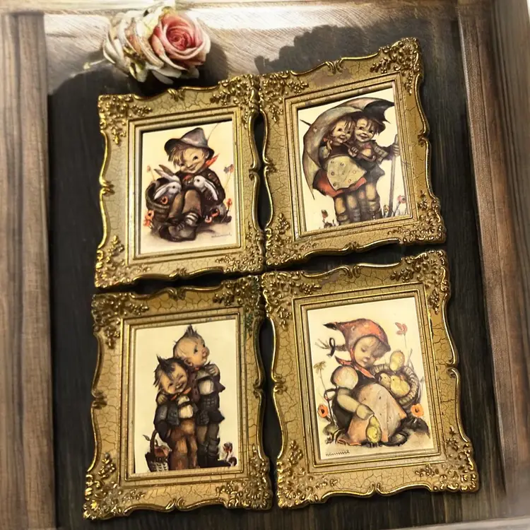 4 Vintage Evans Hummel Wall Plaques Boy and Girl Plastic Frames 7" Tall 6" Wide