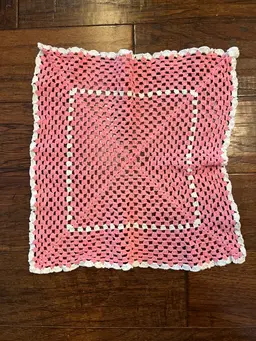 Hand Crocheted, Pink And White Square Doily 14” Square