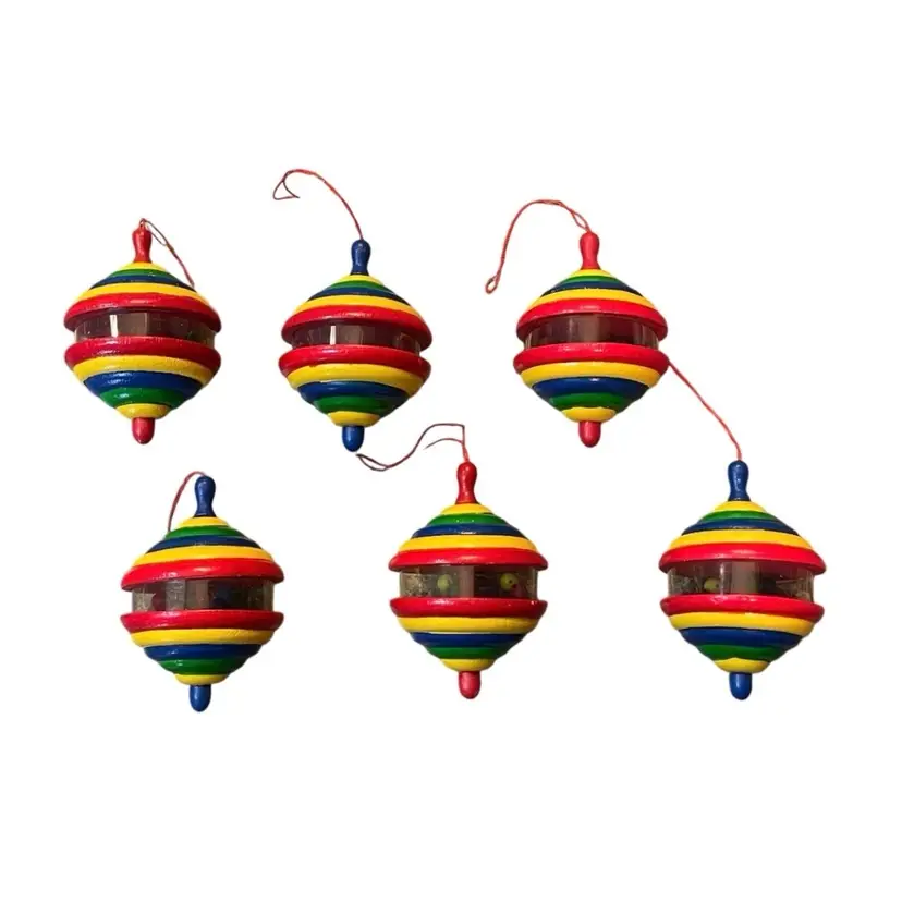 Lillian Vernon #7436 Wood Rainbow Spinning Top Christmas Ornaments VTG Set of 6