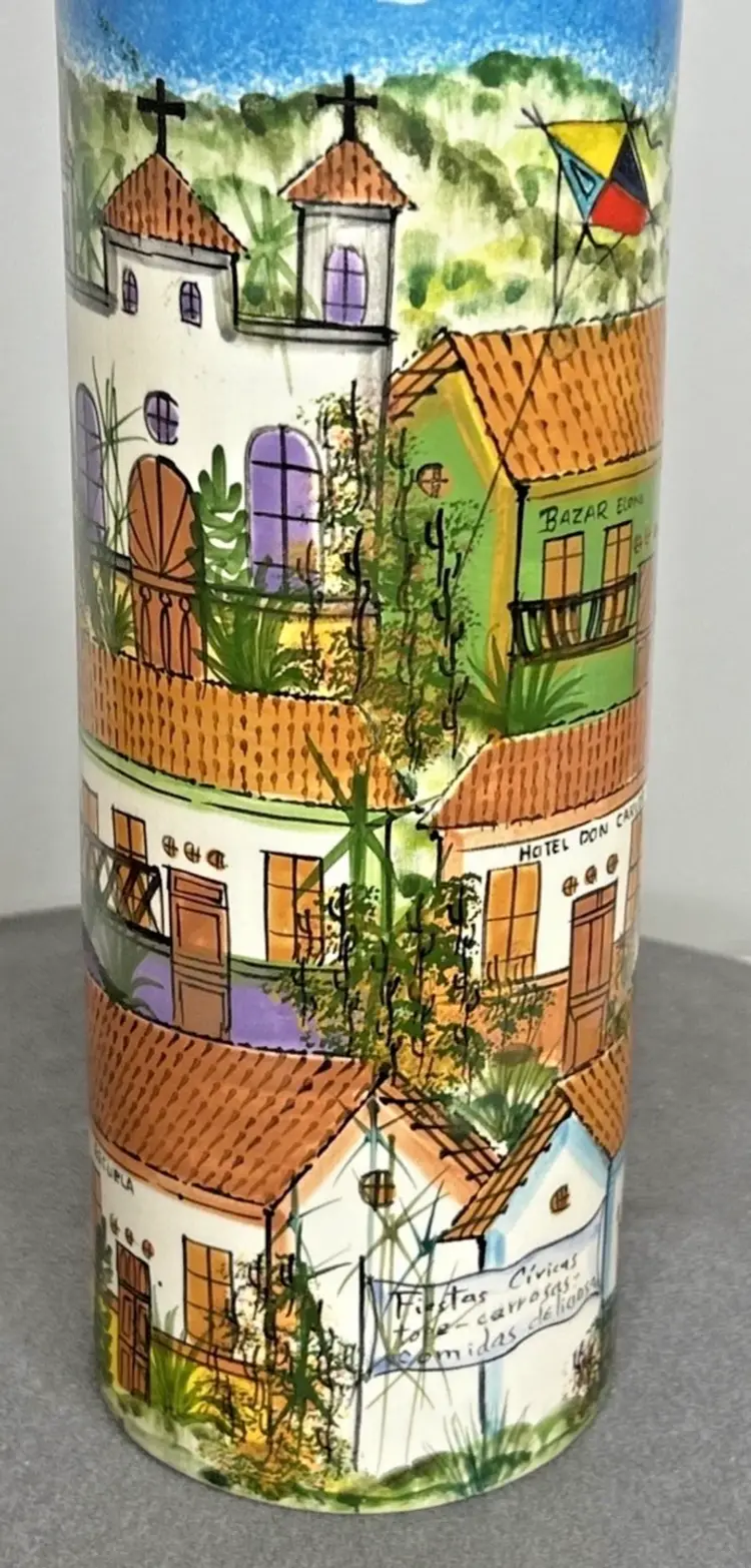 Vintage Scenic Hand Painted 9.75" Tall Vase ~ Costa Rica ~ Signed (c) 1990