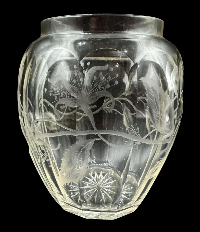 Art Nouveau Intaglio Cut Glass Tobacco Dresser Jar Tea Caddy Floral Lily Faceted