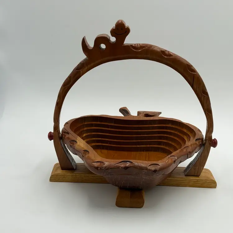 Apple With Smiling Worm Collapsible Vintage Wood Fruit Basket Retro Country Farmhouse Decor