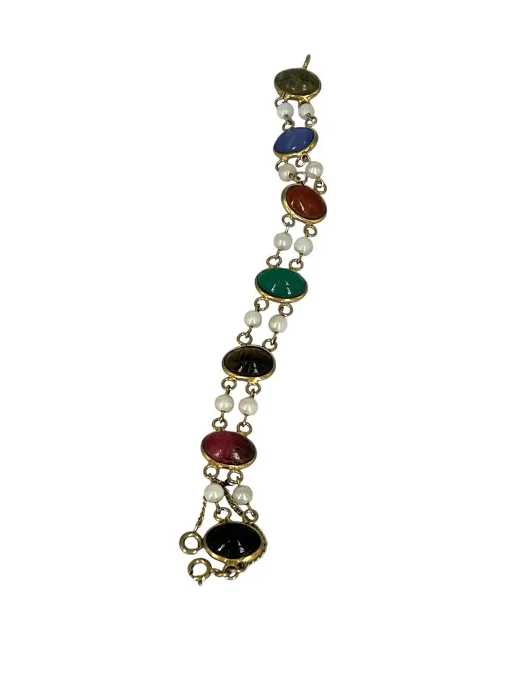 Vintage Gold-Filled Scarab Bracelet with Multi-Gemstones & Cultured Pearls — Egyptian Revival Carved Scarabs