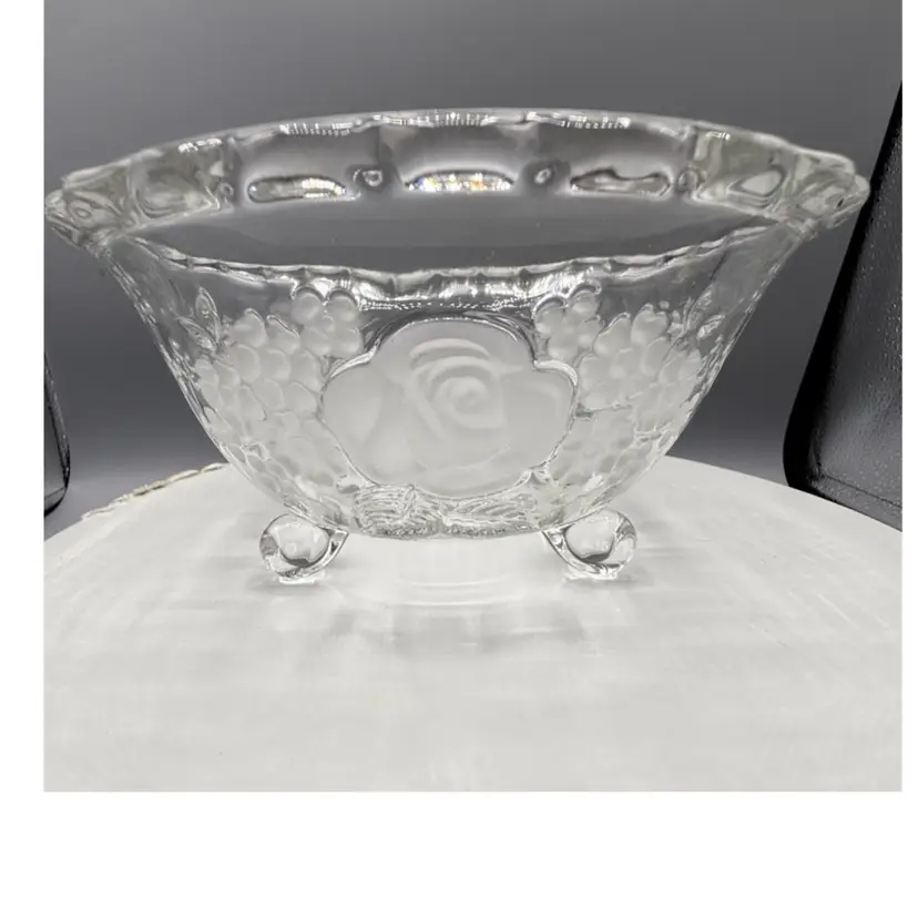 Heavy Vintage Mikasa Frosted Winter Rose Crystal Footed Bowl - 7" x 4 5/8”