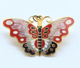 Butterfly Pin Pendant Gold Tone with Red & Black Enamel