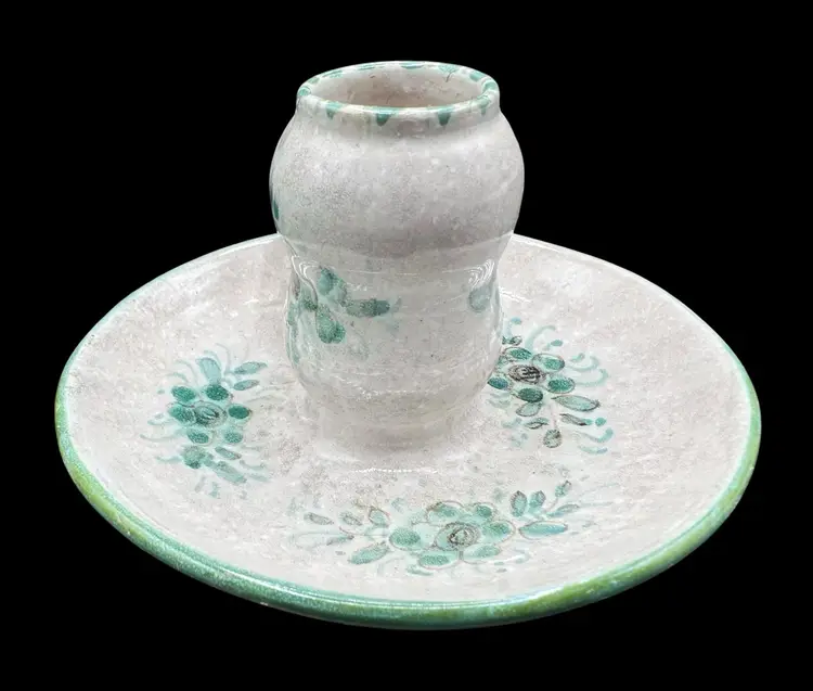 Vintage Italy Pottery Candle Holder Loop Hand Painted Green Floral Flowers 3”