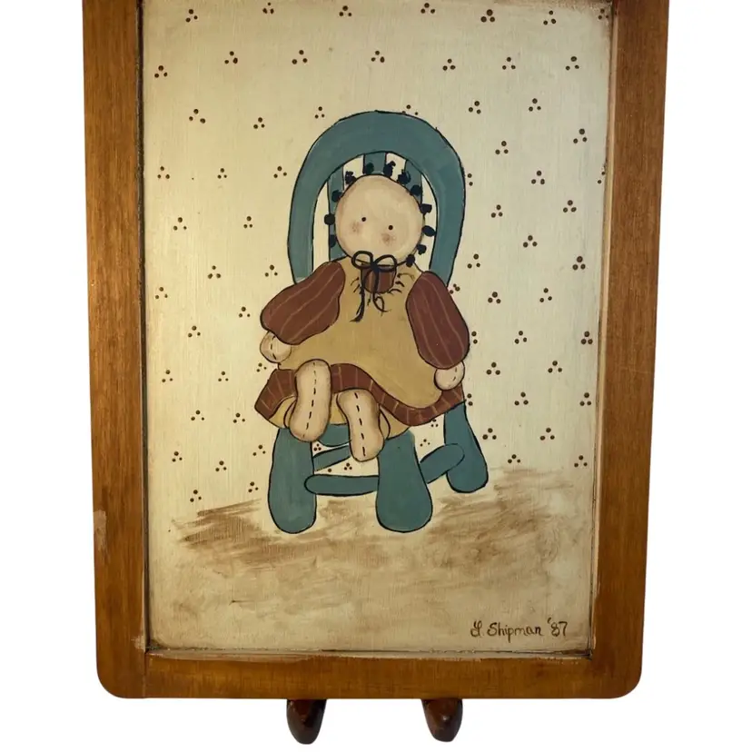 Vintage Rag Doll On Chair Wooden Wall Hanging Early Americana Style