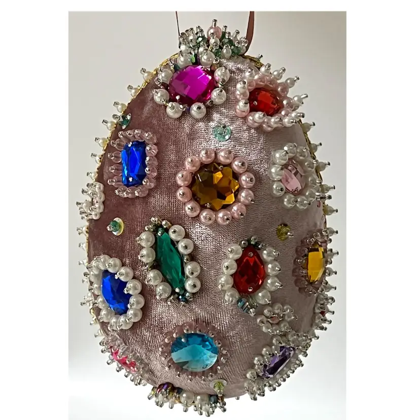 Handmade Vintage Style Easter Faberge Egg Push Pin Ornament Rhinestones Sequins Beads Pearls 6 in Height