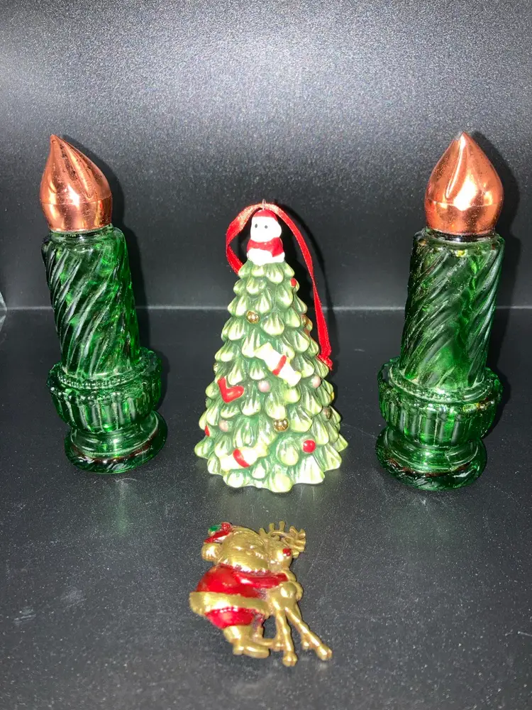 Lighting Up The Holidays Vignette! 🕯️🎅🎄🕯️ Spode Christmas Tree Ornament (3 3/4” Tall 2 1/2” Wide) JJ Santa And Rudolph Brooch (2” Tall 1 1/4” Wide) Set Of 2 Green Glass Christmas Candle Bottles By Avon (4 1/2” Tall 1 1/2” Wide READ Wear To The Gold Flames)