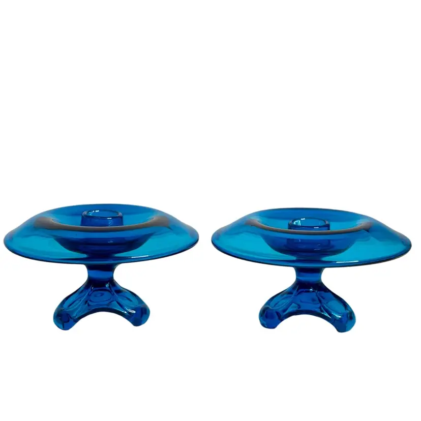 Vintage Pedestal Candle Stick Holders (2) Viking Bluenique/Blue Glass
3” T x 5” W