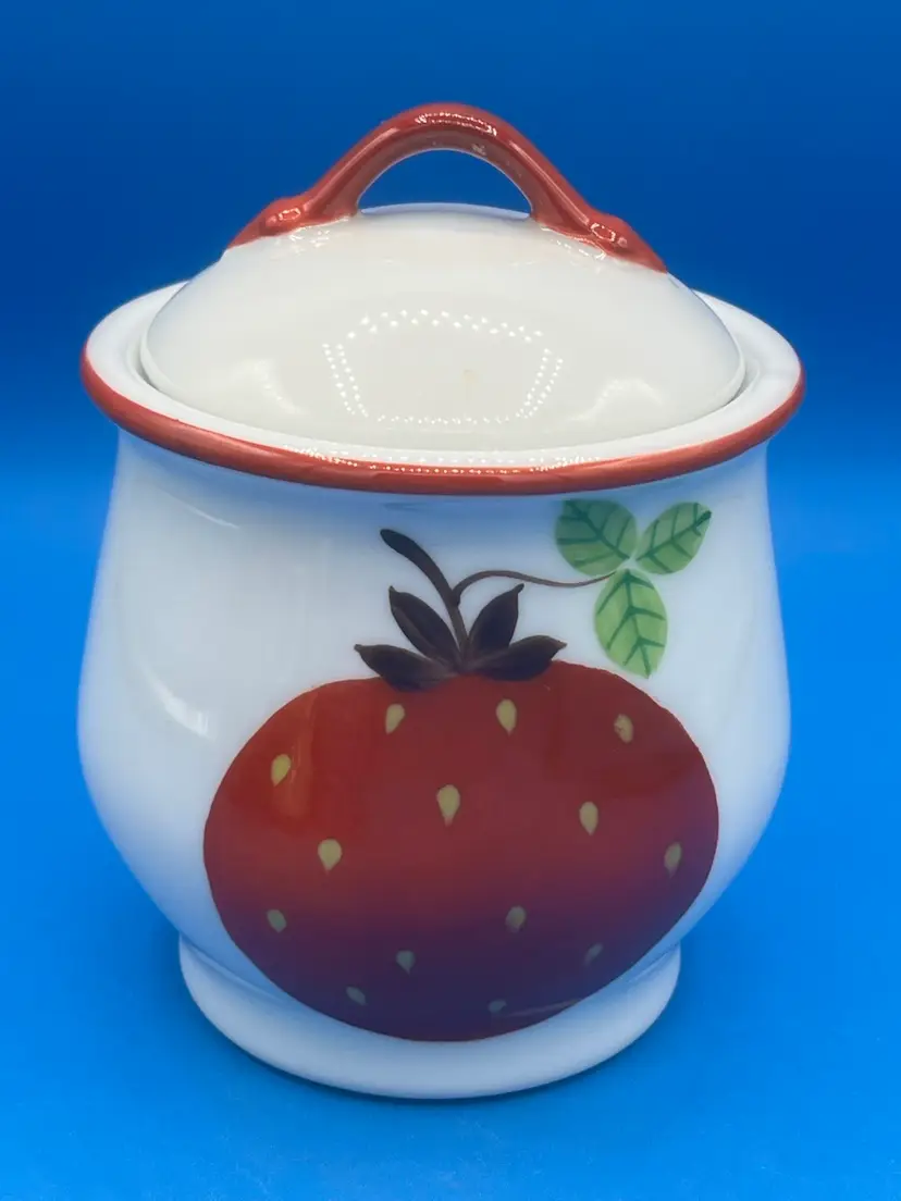 Le Chamberlain Hand Painted Strawberry Motif Jar With Lid, Made In France For Nieman Marcus Vintage