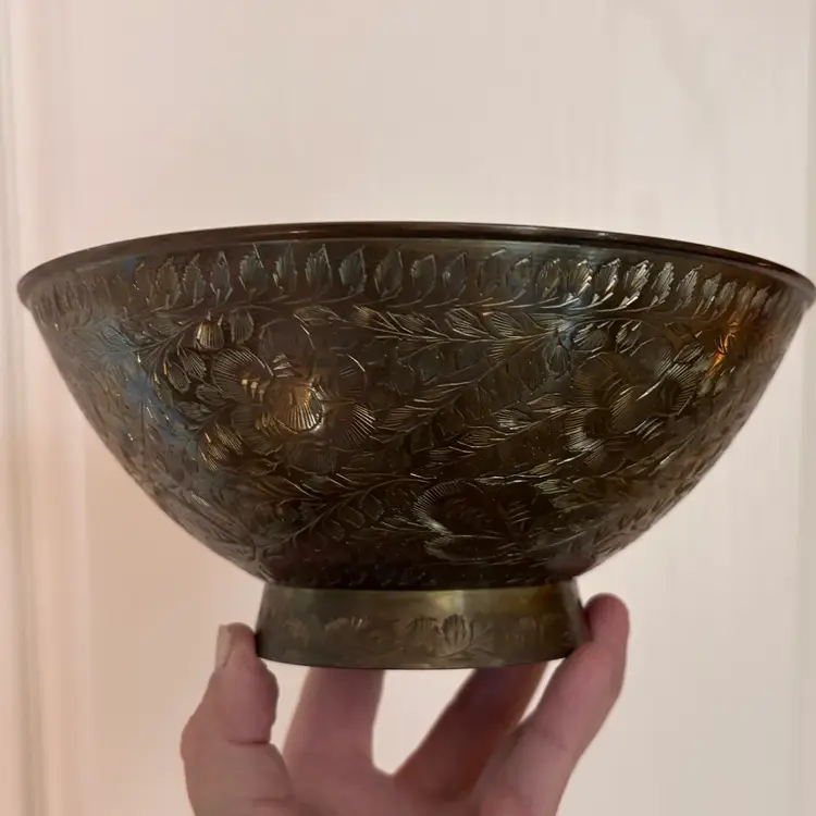 Vintage Solid Brass Etched Floral Motif Pedestal Bowl