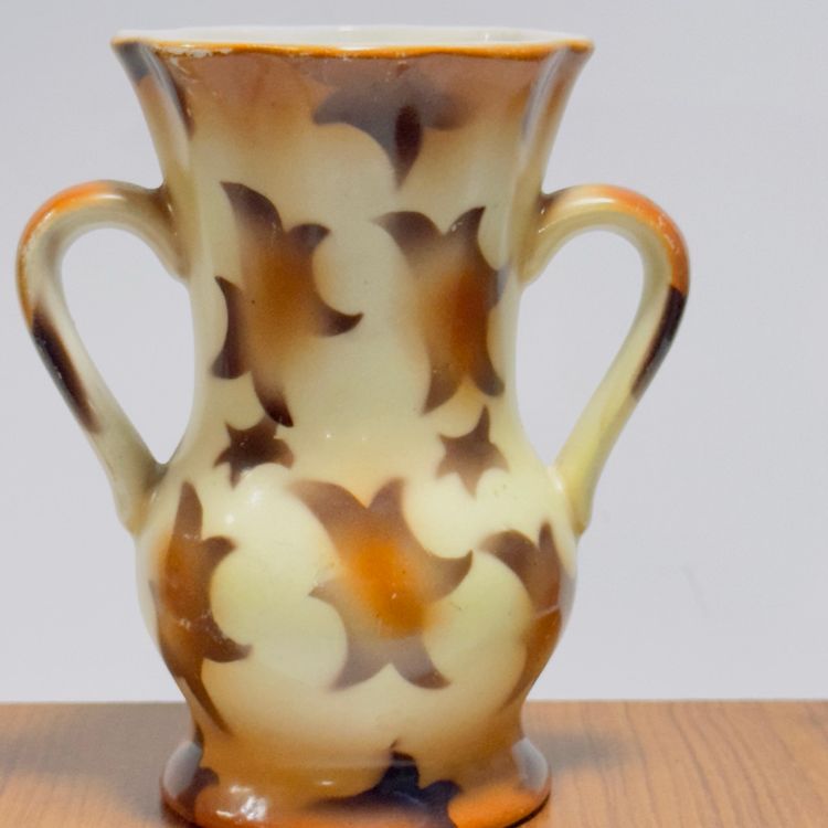 #973 Czeh Art Deco Double Handle 1920’s Victorian Glazed Vase 5” Brown Cream
