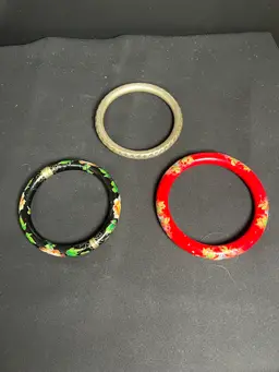 #01 2 Colorful Cloisonne Bracelet & 1 Textured Silvered Toned Bracelet
