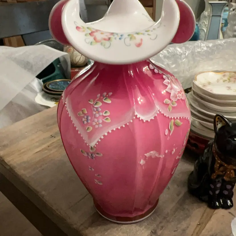 Fenton Cased Glass Hand painted Cranberry And White Vase Signed And Numbered