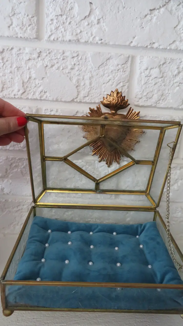 VTG Antique Large French Beveled Glass and Ormolu Vitrine Jewelry Box,blue velvet