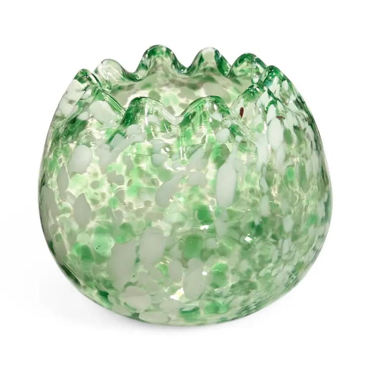 Hand Blown Green And White Speckled Round Glass Vase