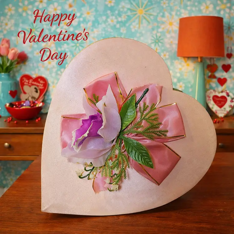 Vintage Heart Shaped Valentine Candy Box Pink Satin Ribbon Floral Purple Iris