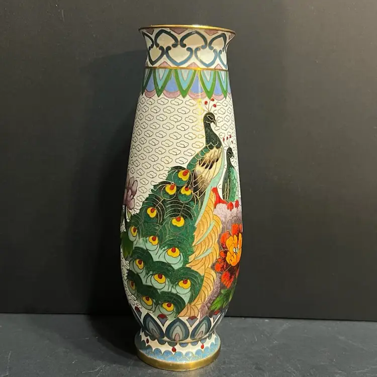 MARKDOWN! Peacocks Cloisonné Vintage Bud Vase ~8” x 3” diameter