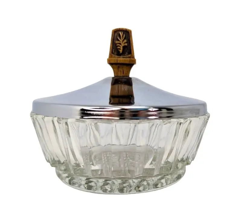 MCM Vintage Pressed Glass with Silver Lid Candy Trinket Jewelry Covered Dish