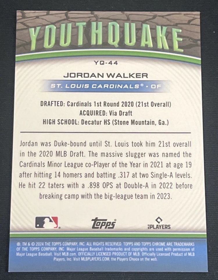 Jordan Walker 2024 Topps Chrome Youthquake Green Refractor /99 #YQ-44 St. Louis Cardinals