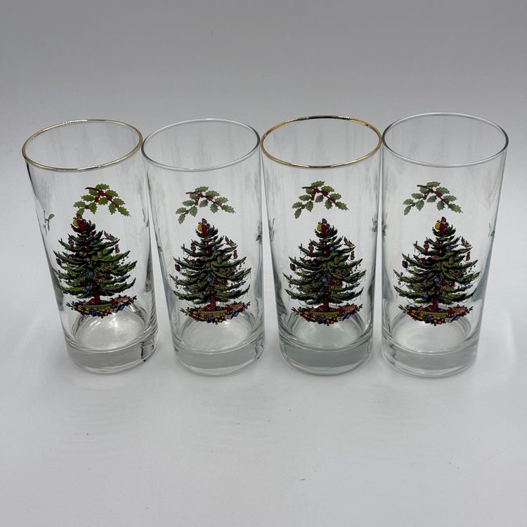 Spode Christmas Tree Santa Set Of Four Vintage Glass Highball Glasses