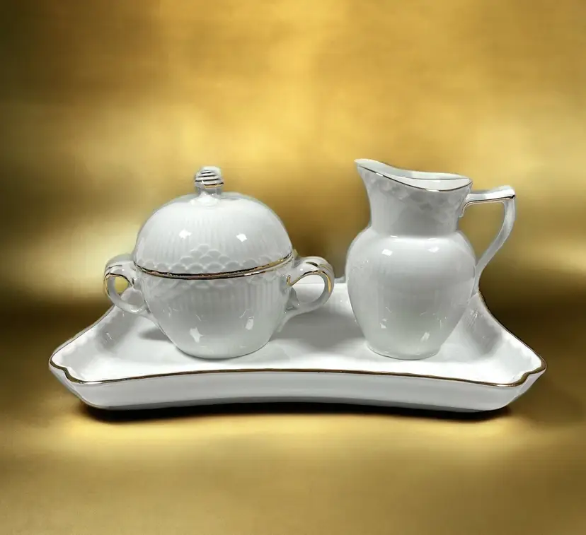 Royal Copenhagen Gold Fan Sugar & Creamer with Tray Set 1275 Gold Trim Vintage