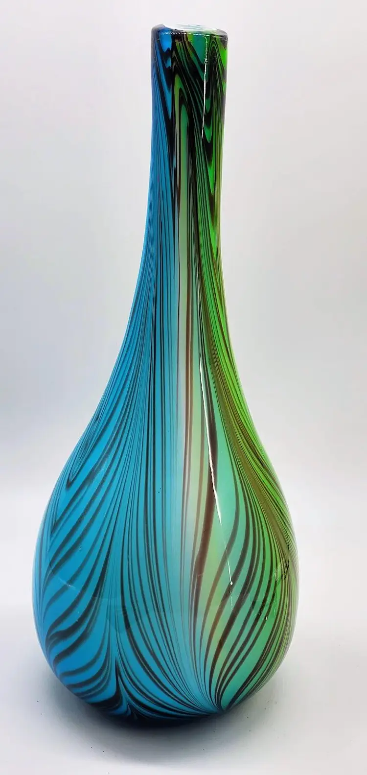 Crate & Barrel Green & Blue Cased Glass Vase Vintage 13"