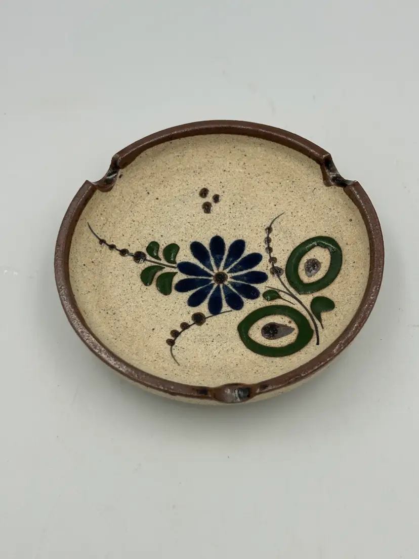 Mexican Folk Art, Pottery, Ashtray/ Trinket, Dish Mexico, Blue, And Green Floral