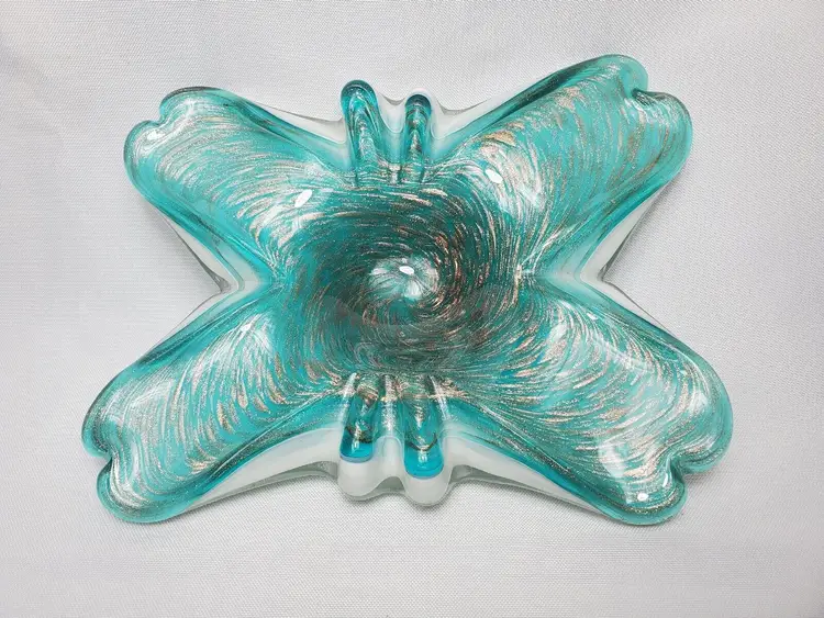 VTG Murano White Case Teal Glass Swirl Ashtray Gold Flake Butterfly Shape