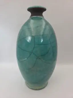 Vintage Artist Signed Joe Winter Raku Fired Turqoise Studio Pottery Vessel