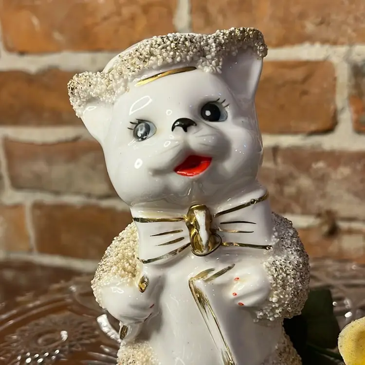 Vtg Mid Century Ceramic Kitty Cat Figurine Sugar Glaze Gold Accents pencil Book