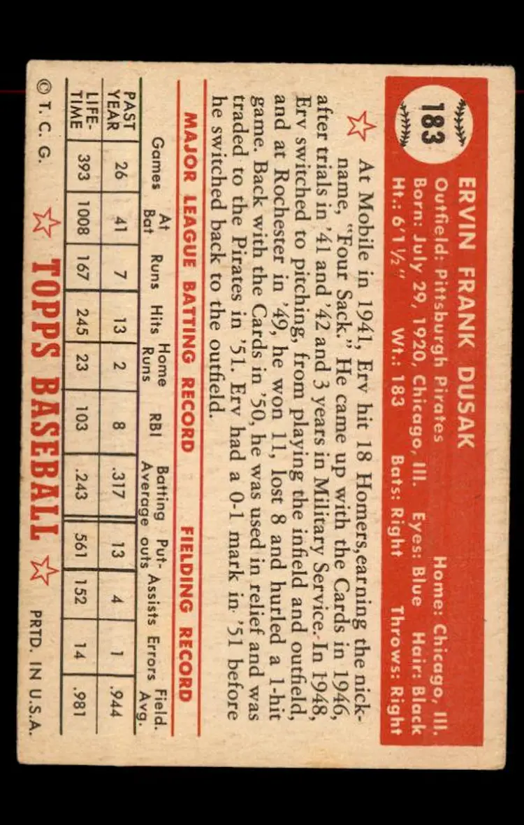 1952 Topps #183 Erv Dusak - (pk-tl1) - Pittsburgh Pirates