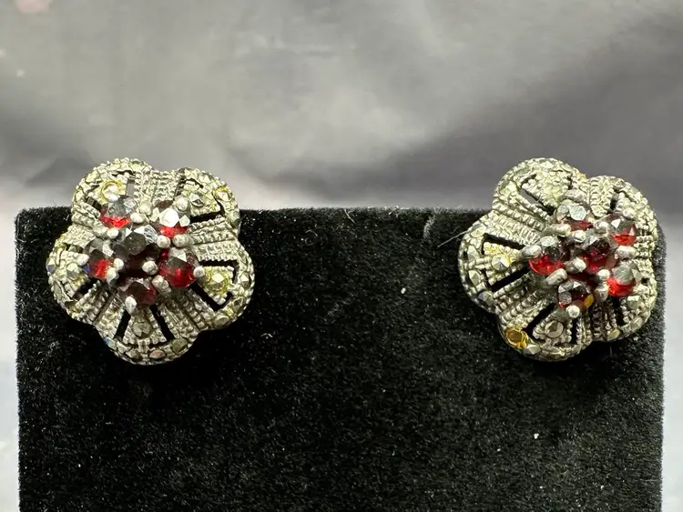 Vintage Sterling Marcasite Garnet Floral Cluster Earrings Beautiful