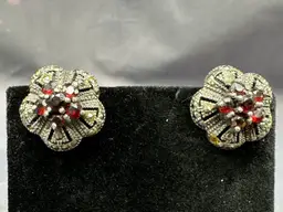 Vintage Sterling Marcasite Garnet Floral Cluster Earrings Beautiful