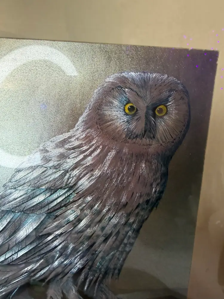 Owl Foil Picture In A Frame As Is Vintage Owl Framed Print Signed R.J. Smith