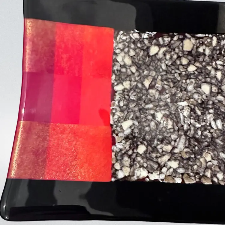 15” Long & 7” Across Vintage signed Jerry Barnett Fussed Glass Tray Too Multiple Colors Red And Black