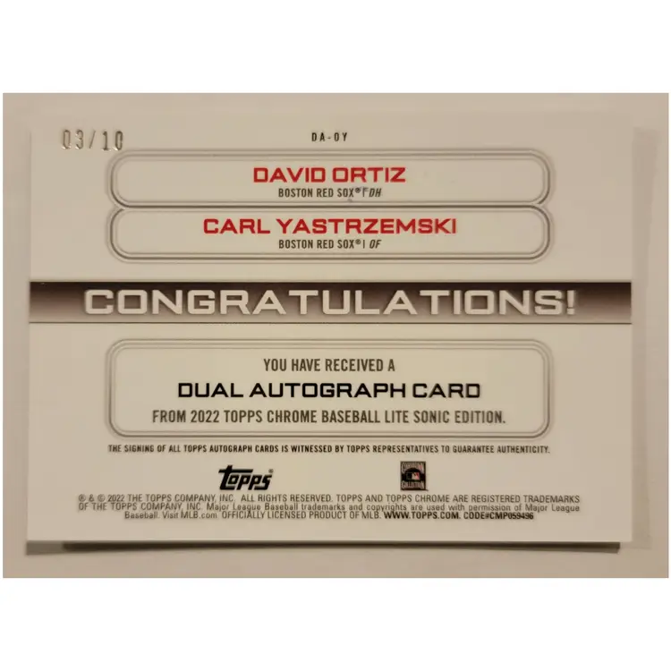 2022 Topps Chrome Sonic David Ortiz Carl Yastrzemski RayWave Auto Card #'d 3/10