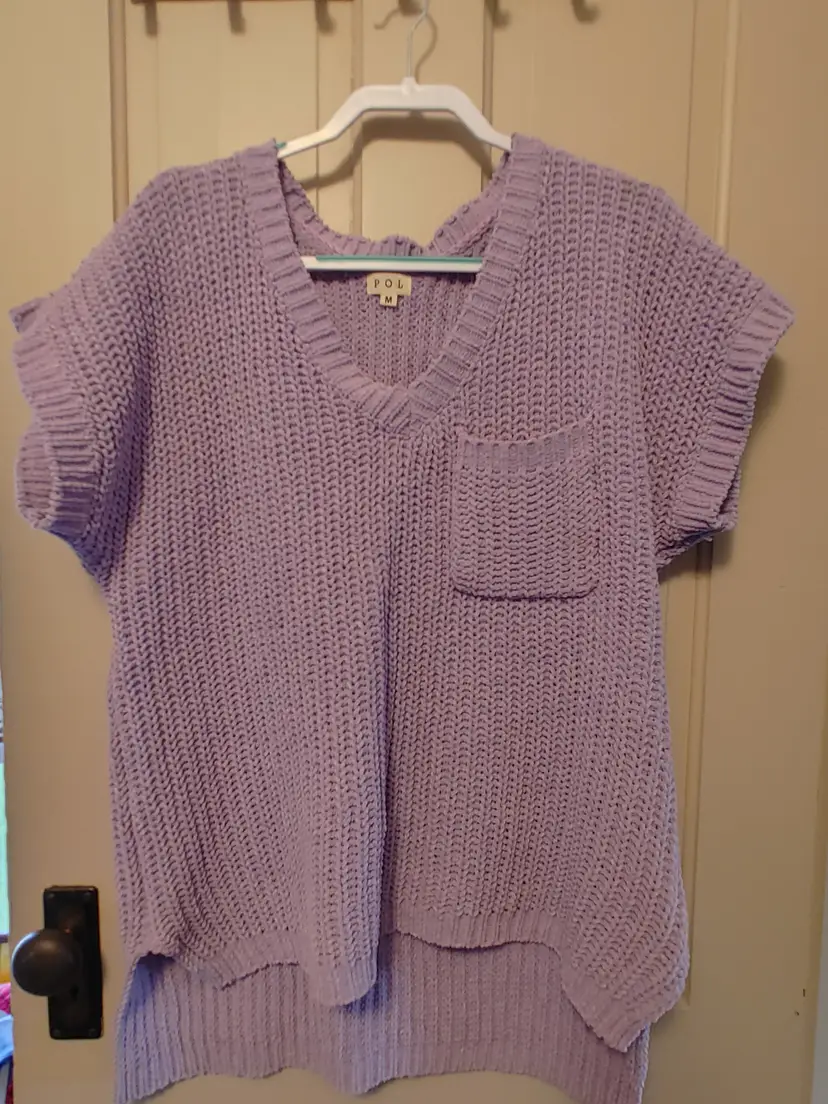 Top- Brand: POL. Size Medium. Oversized purple shirt. Material: 100% polyester. No callouts.